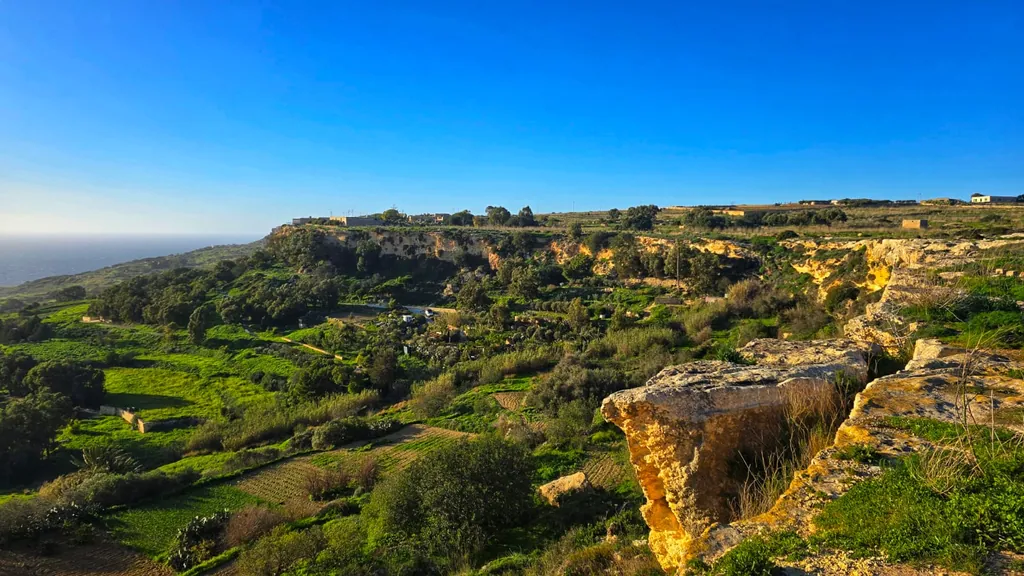 Green valleys and limestone cliffs in the north-west of Malta